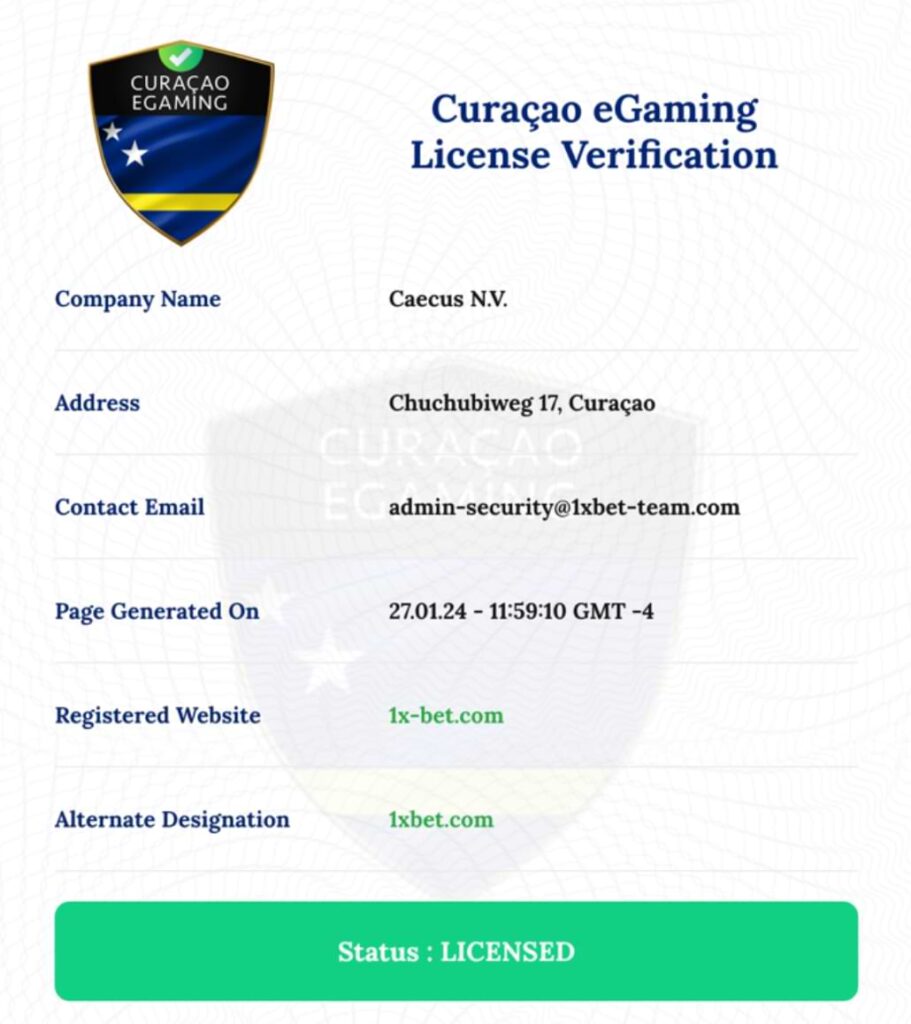 1xbet curacao egaming license verification